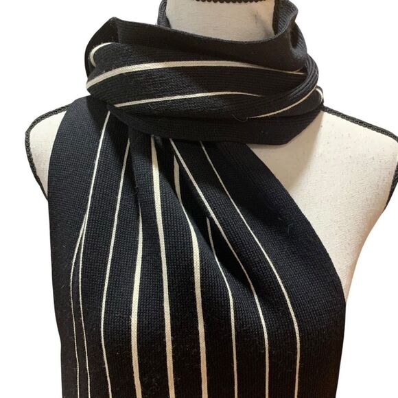 Vintage Men’s Scarf German-Made All Wool Fringed Black w/ White Stripes 14”x58” - Picture 2 of 4